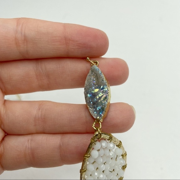 Druzy Stone White Beaded Cats Eye Drop Earrings - Picture 6 of 8